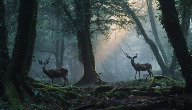 une scène sereine de cerfs qui paissent dans une forêt brumeuse à l'aube