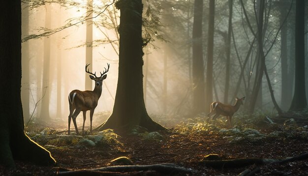 une scène sereine de cerfs qui paissent dans une forêt brumeuse à l'aube