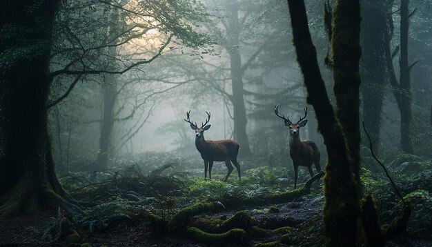 une scène sereine de cerfs qui paissent dans une forêt brumeuse à l'aube