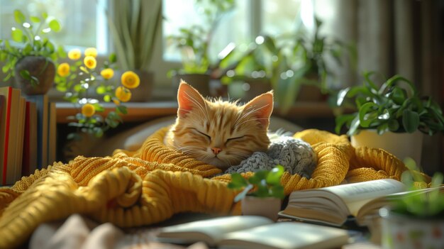 Photo une scène sereine avec un chat rouge qui fait une sieste paisible sur une couverture tricotée jaune vibrante