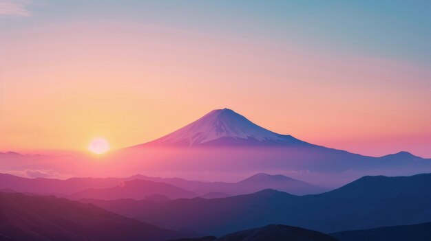 Une scène sereine de lever de soleil avec le mont Fuji en silhouette contre un ciel de couleurs pastel annonçant le début d'un nouveau jour dans le paysage emblématique du Japon des années 39