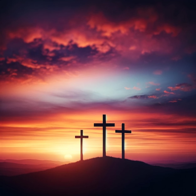 Une scène sereine mais poignante représentant Jésus-Christ crucifié sur la colline du Calvaire