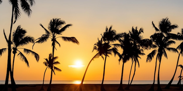 La scène sereine de la plage présente des silhouettes captivantes de palmiers