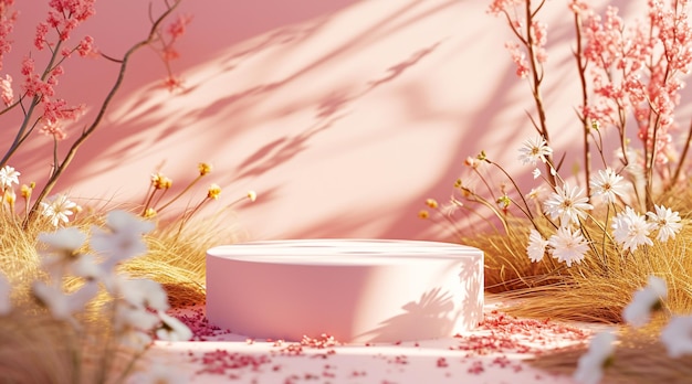 Une scène sereine avec un podium cylindrique au milieu de fleurs séchées et de douces teintes roses