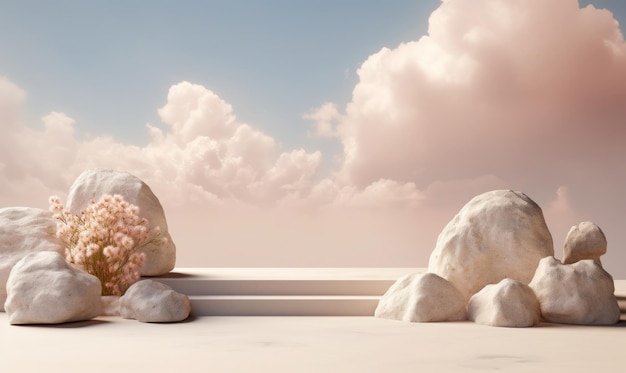 Scène sereine avec un podium vide pour l'exposition ou la vitrine du produit avec des nuages moelleux et des accents naturels