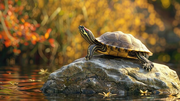 Photo la scène sereine d'une tortue se réchauffant sur un rocher chauffé par le soleil sa sagesse ancienne et son comportement calme une source d'inspiration et de tranquillité