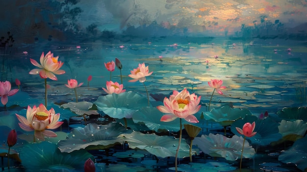 Une scène serrée du soir avec des fleurs de lotus éclairées par la douce lueur du crépuscule jetant une ambiance tranquille sur les eaux tranquilles d'un étang