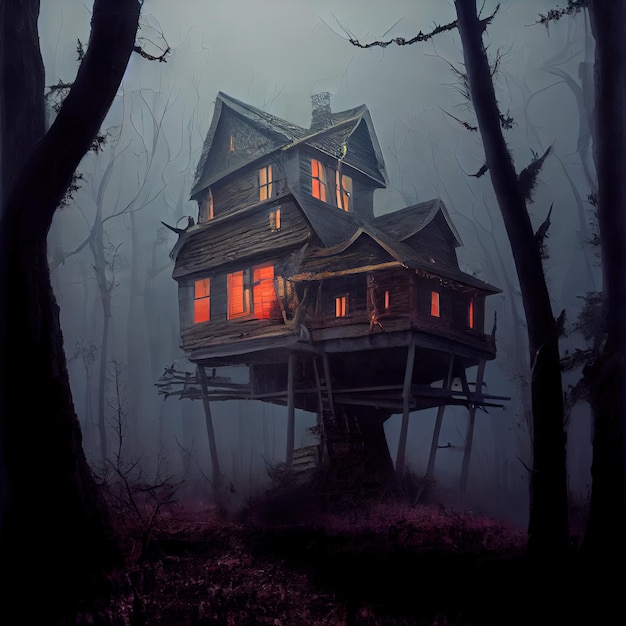 Photo scène sombre avec atmosphère mystique brouillard sombre humeur effrayante avec une maison dans les bois nuages sombres et illustration du ciel à utiliser dans les films, les jeux et les livres