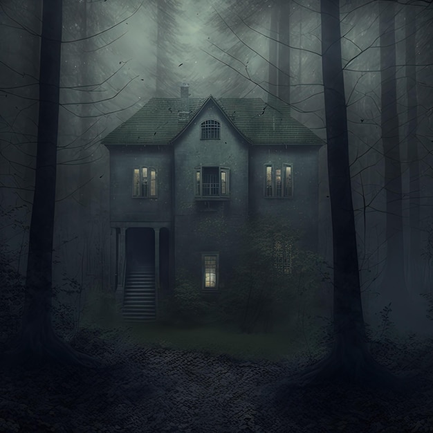 Scène sombre avec atmosphère mystique brouillard sombre humeur effrayante avec une maison dans les bois nuages sombres et illustration du ciel à utiliser dans les films, les jeux et les livres