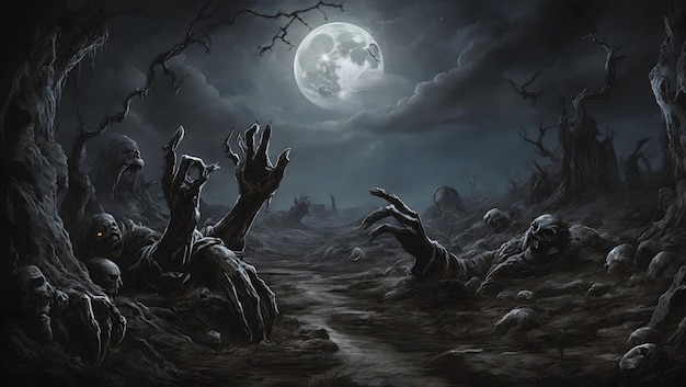 Une scène sombre et effrayante d'un cimetière au clair de lune avec des mains de zombies qui se creusent un chemin hors du sol.