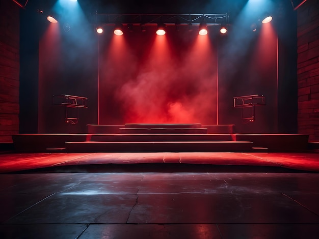 Scène sombre avec fond rouge scène vide lumières au néon et projecteurs fumée au sol en béton