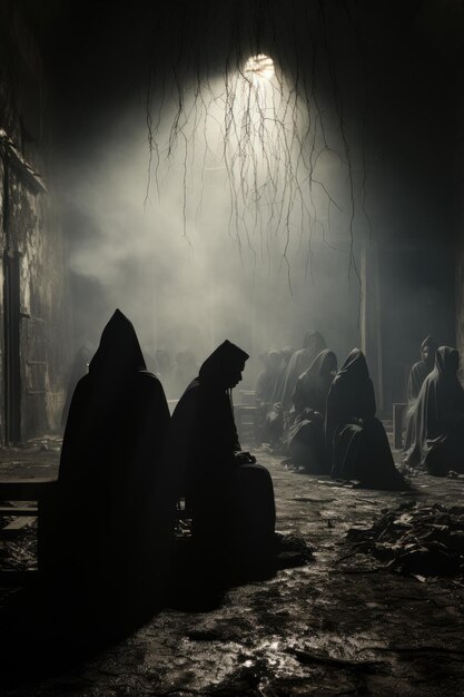 une scène sombre avec un homme en costume noir et une statue de pierre au milieu de la nuit