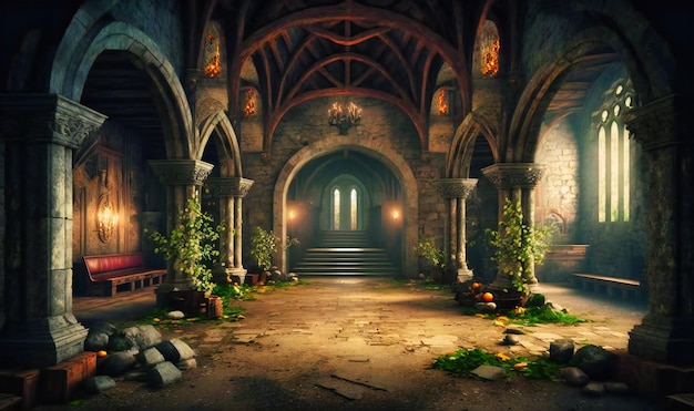 Une scène sombre et inquiétante avec des murs de pierre et des arcades