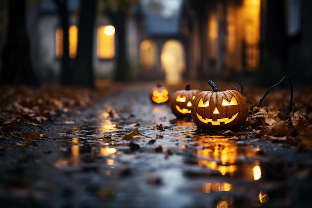 Scène sombre et maussade d'Halloween avec quelques citrouilles illuminées sur le sol de la rue et espace de copie