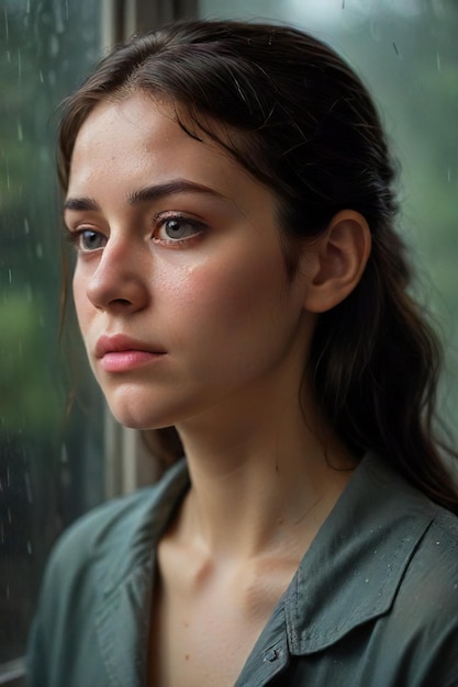 Scène sombre et pluvieuse Portrait expressif d'une femme triste près de la fenêtre généré par l'IA