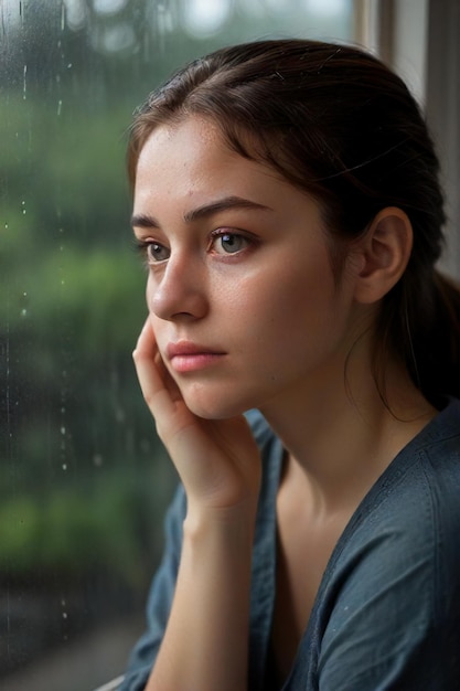 Scène sombre et pluvieuse Portrait expressif d'une femme triste près de la fenêtre généré par l'IA