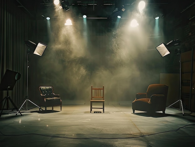 Scène sombre avec des projecteurs brillants et des chaises différentes représentation théâtrale sièges vides sur scène