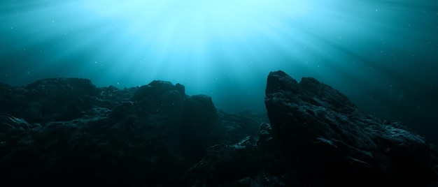 Scène sombre sous-marine de terrain de paysage accidenté