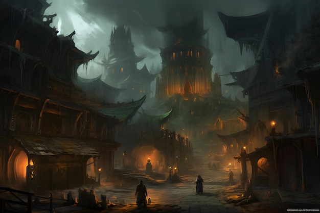 Une scène sombre avec un temple au milieu et quelques personnes devant.