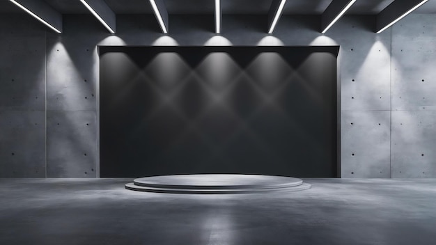 Scène sombre vide abstrait avec projecteur et sol en béton gris et mur noir blanc voiture ou produit