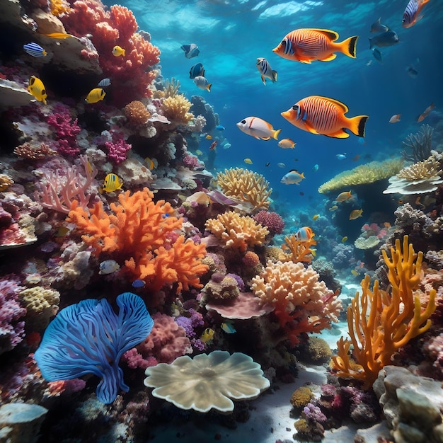 Une scène sous-marine animée avec diverses formations coralliennes et poissons exotiques