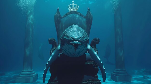 Photo scène sous-marine avec une baleine géante assise sur un trône la baleine porte une couronne et a une expression sérieuse sur son visage