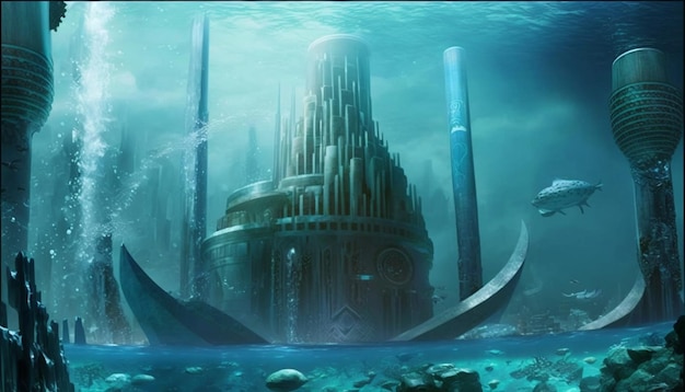 Une scène sous-marine avec un bâtiment au milieu de l'eau.