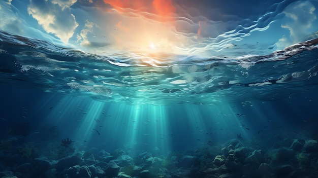 Photo scène sous-marine avec des bulles scène avec des rayons solaires générer de l'ia