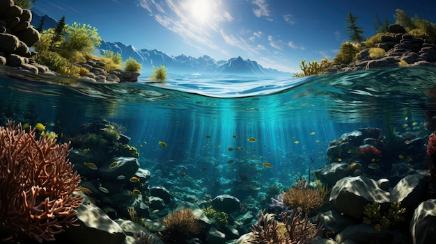 Photo scène sous-marine des fonds marins tropicaux avec des récifs et du soleil