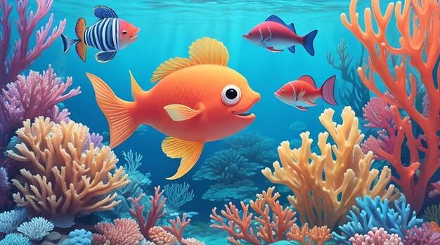 Une scène sous-marine joyeuse avec des poissons souriants et des coraux colorés