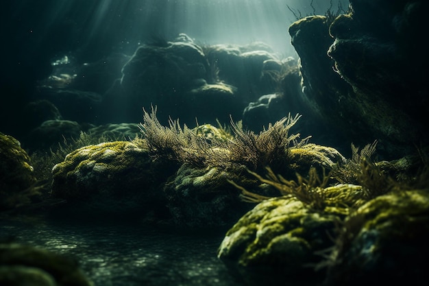 Une scène sous-marine avec de la mousse et des rochers.