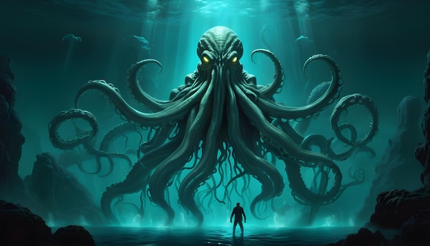 Photo une scène sous-marine obsédante avec cthulhu s'élevant de l'abîme.