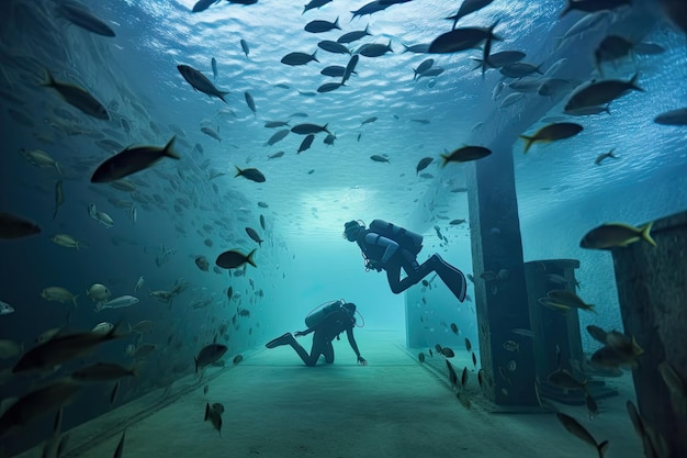 Scène sous-marine avec un plongeur nageant devant des bancs de poissons créés avec une IA générative