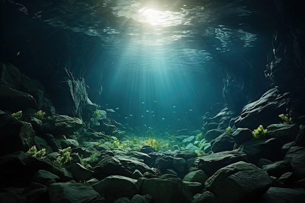 Photo scène sous-marine avec des rayons de soleil brillant à travers les rochers et les plantes ia générative