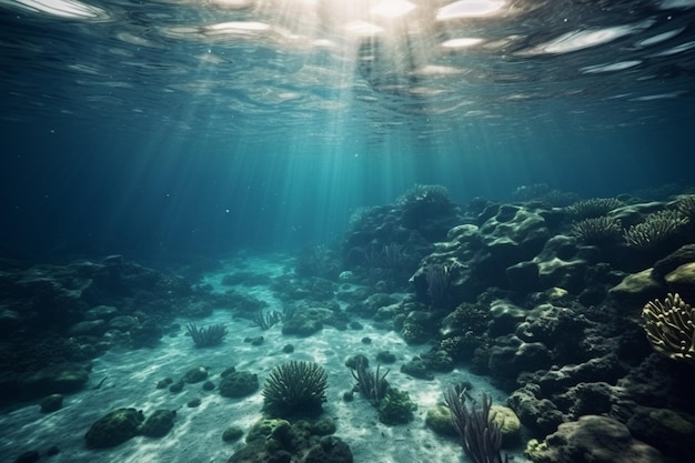 Scène sous-marine avec un récif de corail et le soleil qui brille à travers l'eau.