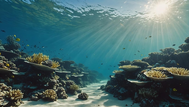 Scène sous-marine avec des récifs et du soleil