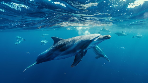 Une scène sous-marine sereine avec un groupe de dauphins qui nagent en jouant aux côtés d'une majestueuse baleine bleue illustrant la diversité de la vie marine