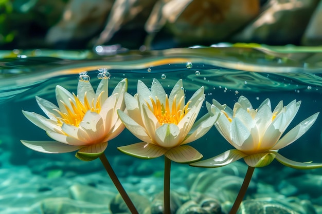 Scène sous-marine sereine avec des lys d'eau flottant au-dessus de l'étang scintillant Photographie de la nature