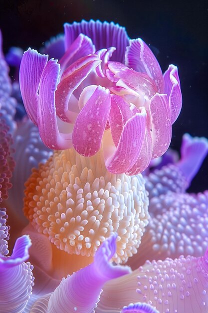 Une scène sous-marine vibrante capture l'anémone de mer violette dans son habitat naturel