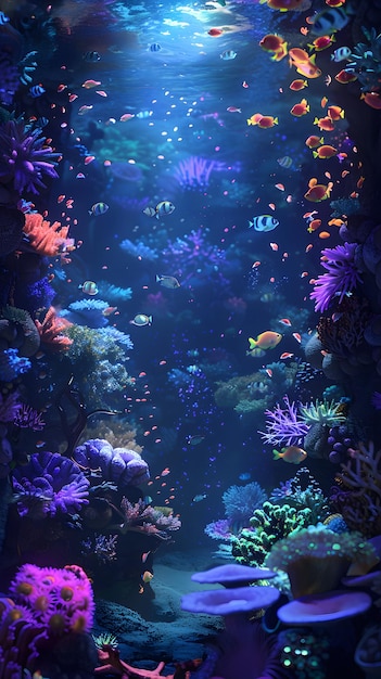 Une scène sous-marine vibrante avec des créatures bioluminescentes et des récifs coralliens