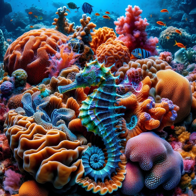 scène sous-marine d'une vie marine avec un cheval de mer et un corail