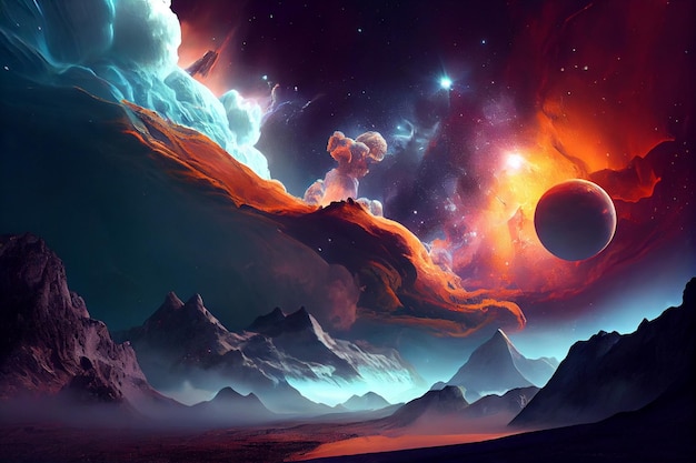 Une scène spatiale avec des montagnes et des planètes en arrière-plan