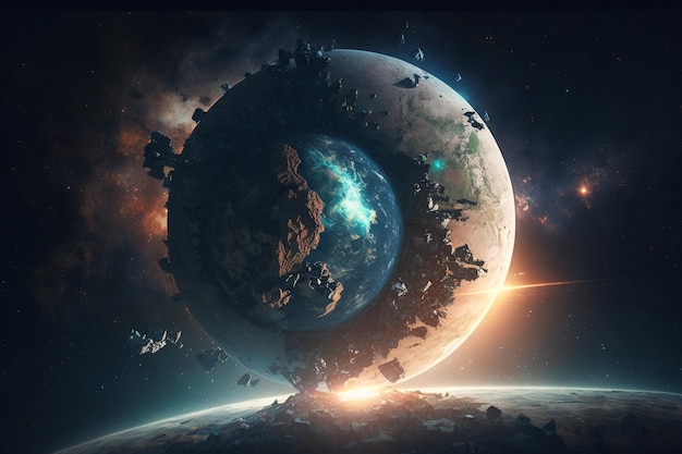 Une scène spatiale avec une planète et une planète avec une lune et des étoiles.
