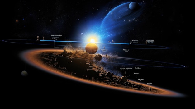 Scène spatiale avec un soleil au milieu et une planète en arrière-plan. La planète est entourée d'un anneau de roches.