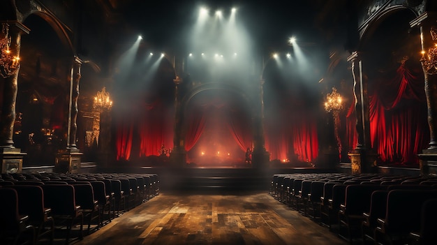 La scène de spectacle avec des rideaux rouges s'ouvre avec des lumières de performance de projecteur montrant