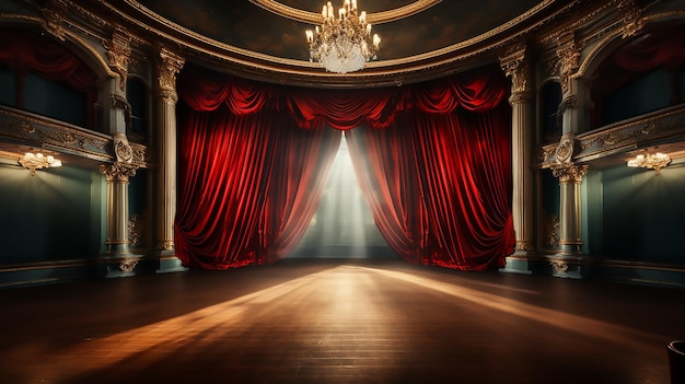 La scène de spectacle avec des rideaux rouges s'ouvre avec des lumières de performance de projecteur montrant