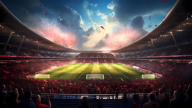 Une scène de stade vibrante avec des feux d'artifice au coucher du soleil et des fans extatiques générés par l'IA