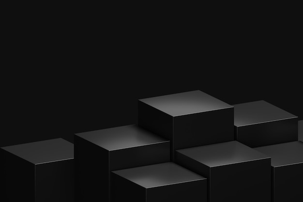 Photo scène de studio de piédestal de podium vide cube noir abstrait sur fond 3d de scène de stand de produit moderne avec affichage de présentation géométrique vierge ou plate-forme de toile de fond de vitrine de luxe et étagère publicitaire