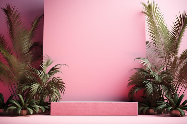 scène de studio rose avec des feuilles de palmier pour le mock-up du produit