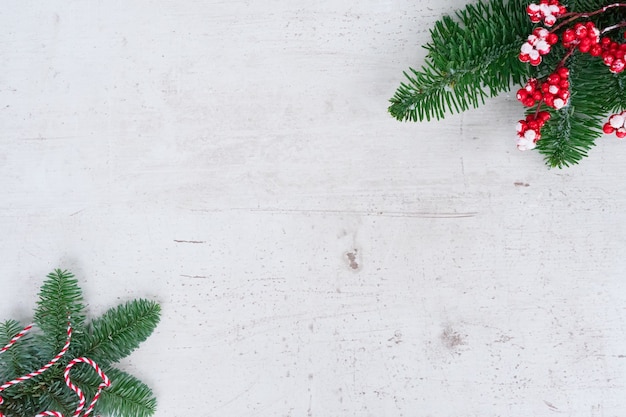 Scène De Style Plat De Noël - Cadre Avec Des Brindilles D'arbres à Feuilles Persistantes